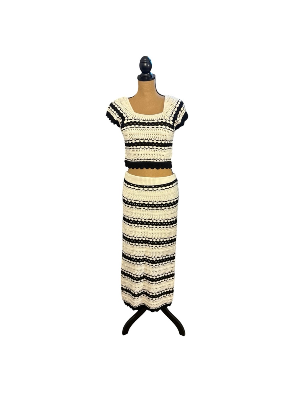 Freshman 1996 Crochet 2 Piece Maxi Skirt Set L Black Ivory Boho Coachella